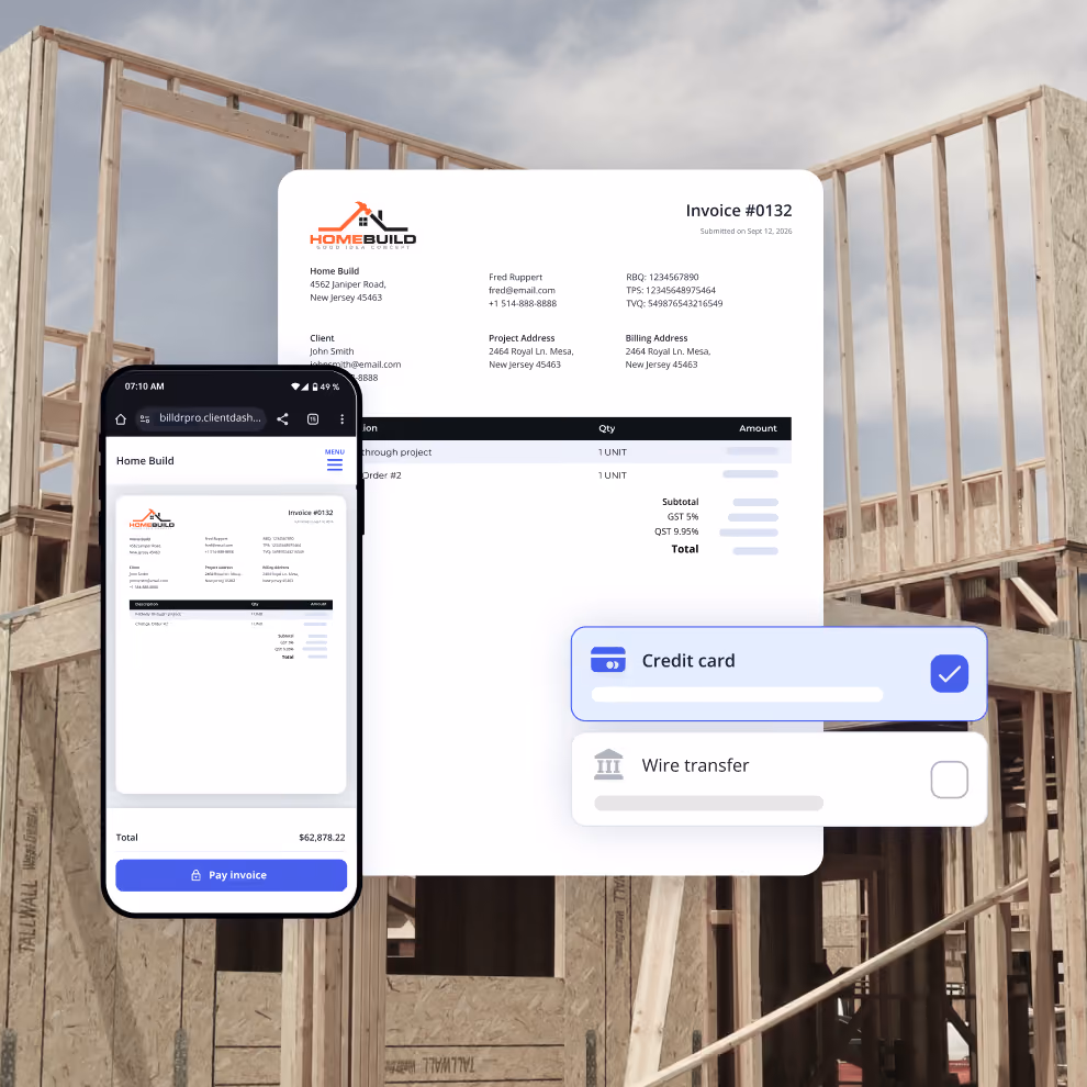 Client viewing a Billdr invoice on mobile and choosing to pay by credit card or wire transfer
