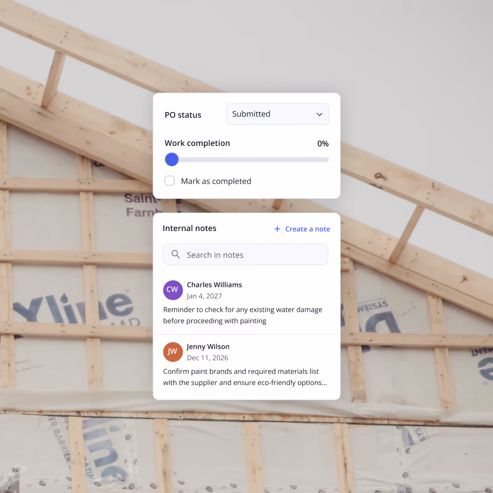 Billdr purchase order status panel with work completion and internal team notes