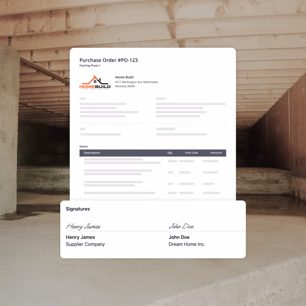 Billdr purchase order with line items and supplier and contractor signatures