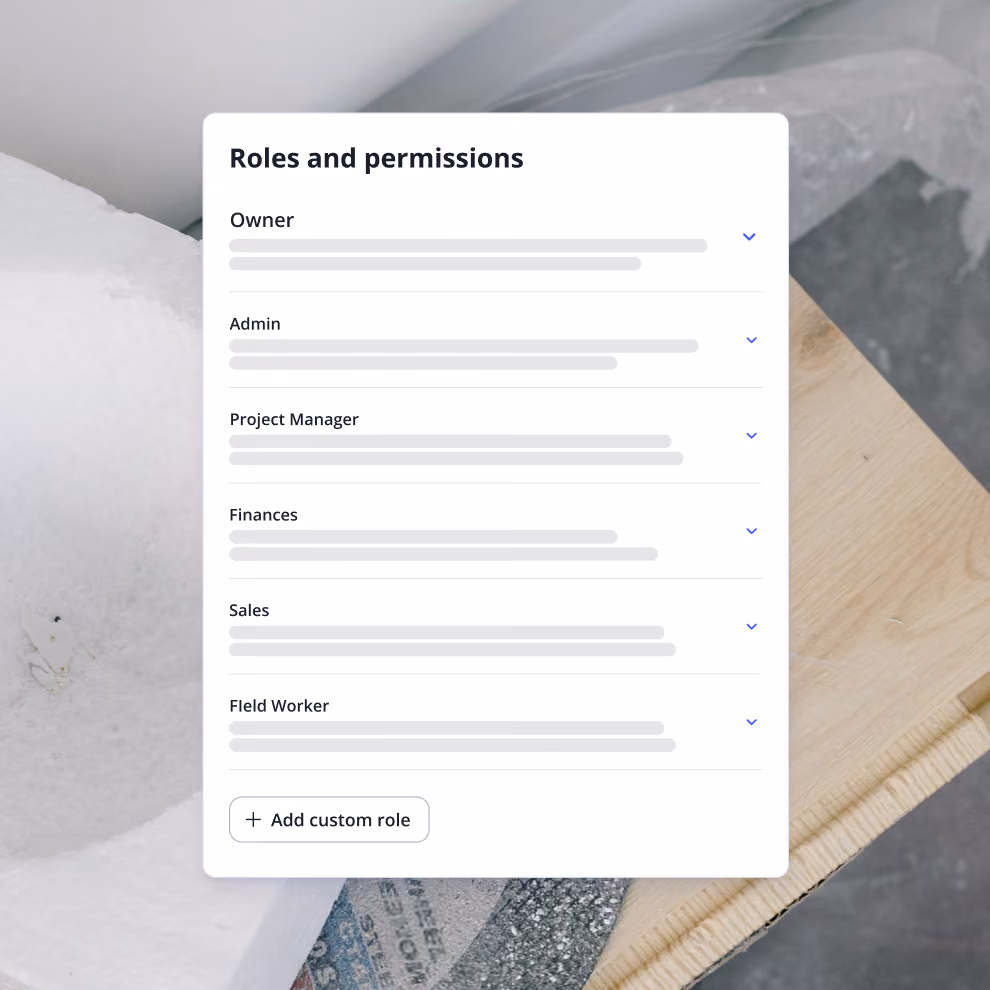 Billdr roles and permissions list with Owner, Admin, Project Manager, Finances, Sales and Field Worker roles