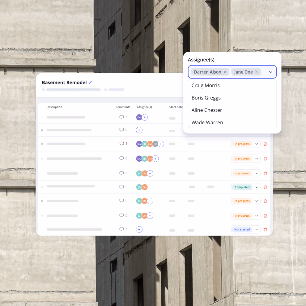Assigning Billdr tasks to team members with status tracking per task