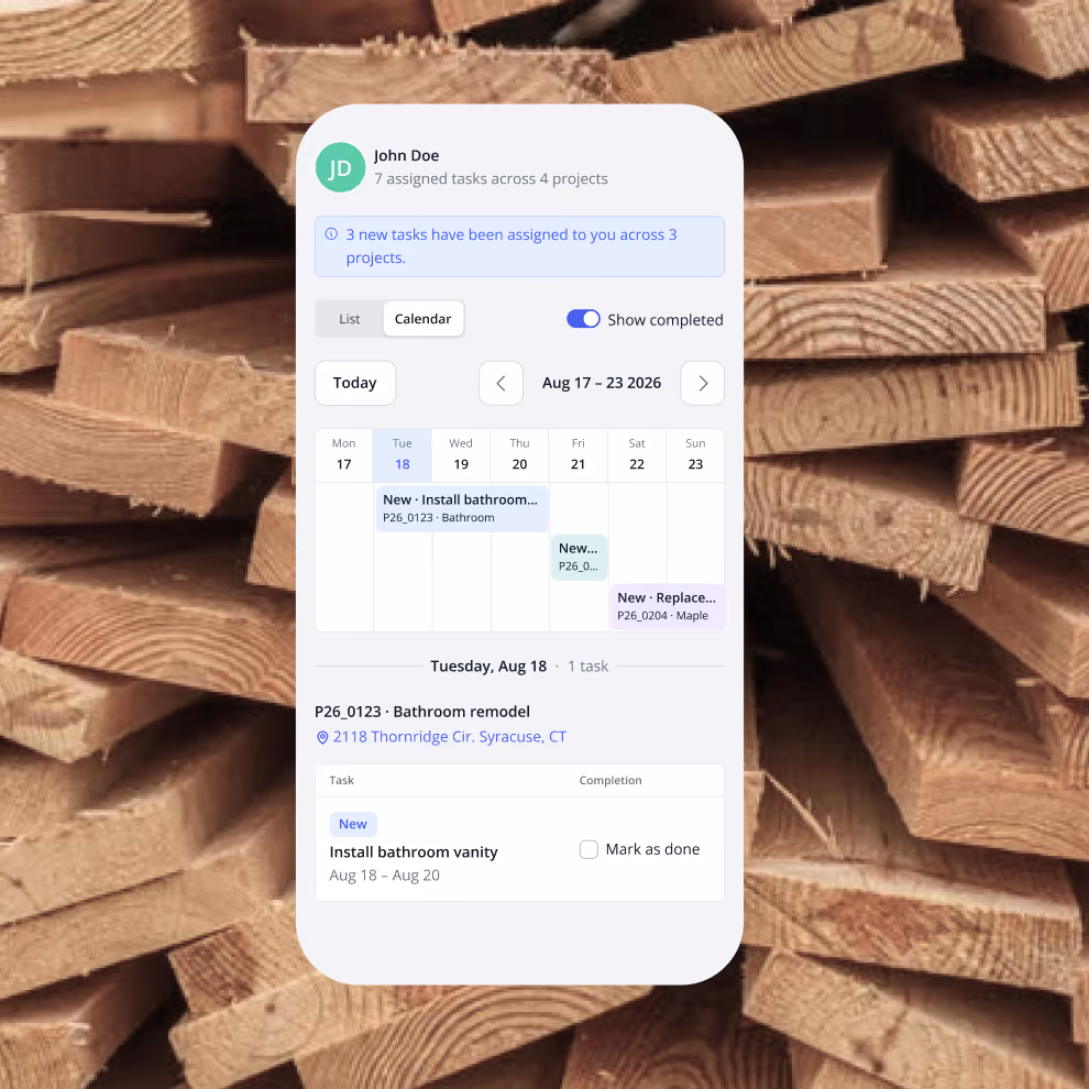 Billdr mobile app showing an employee's assigned tasks and weekly calendar