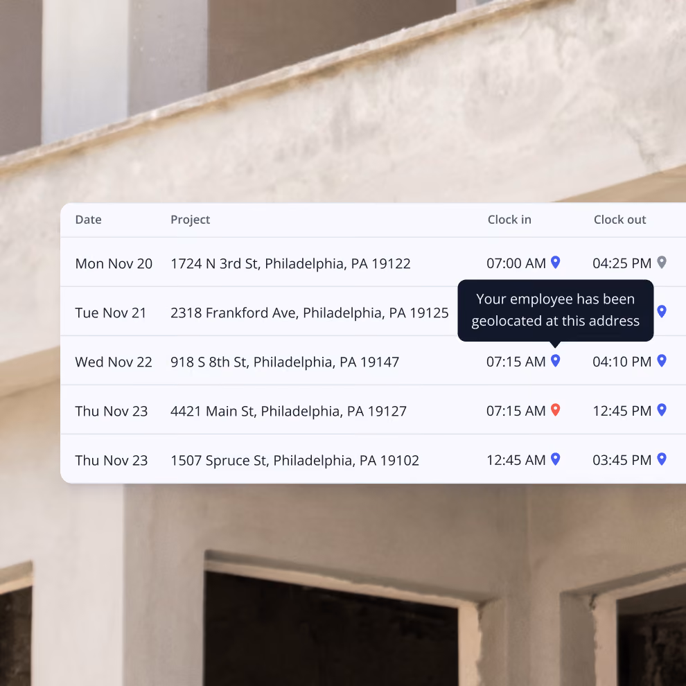 Billdr timesheet with clock-in and clock-out times and a geolocated address tooltip