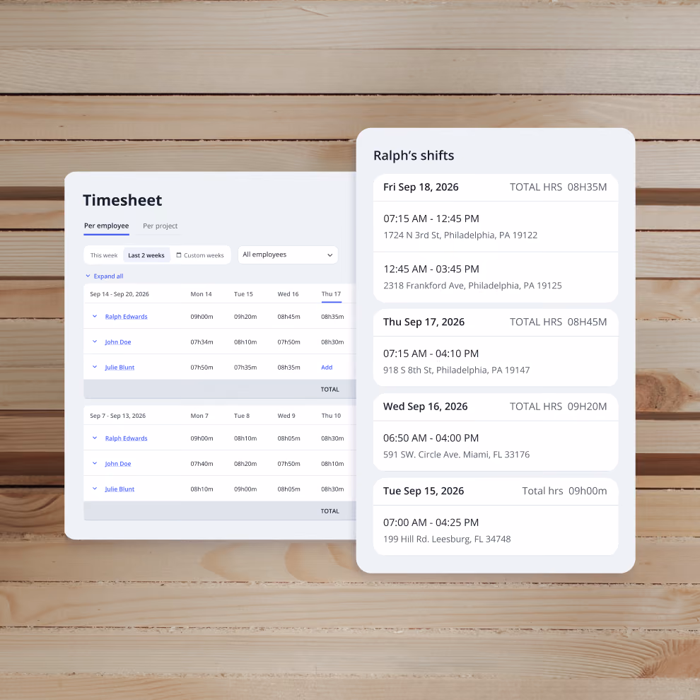 Billdr timesheet review with an employee's daily shifts and total hours