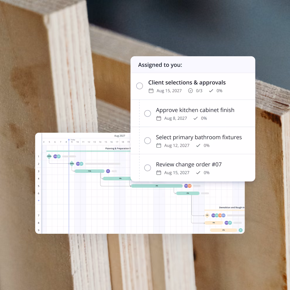 Client view of tasks assigned to them alongside the shared construction schedule in Billdr