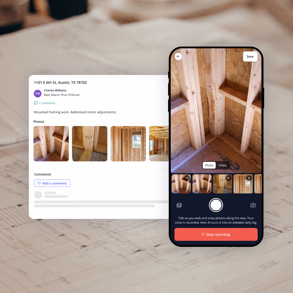 Recording a daily log with jobsite photos in the Billdr mobile app next to the finished log