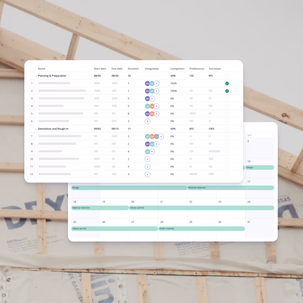 Billdr project schedule list with tasks, dates, durations, assignees and completion status