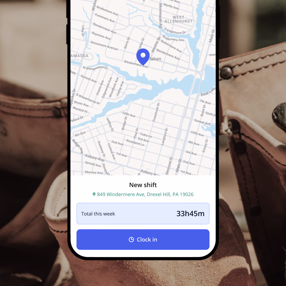 Billdr mobile time clock with a jobsite map pin, weekly hours total and Clock in button