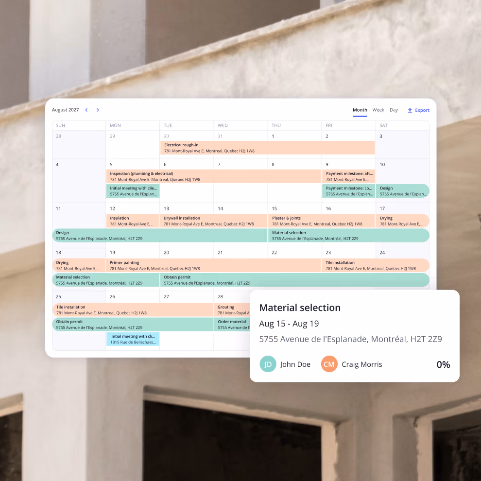Billdr monthly calendar showing scheduled activities across all projects