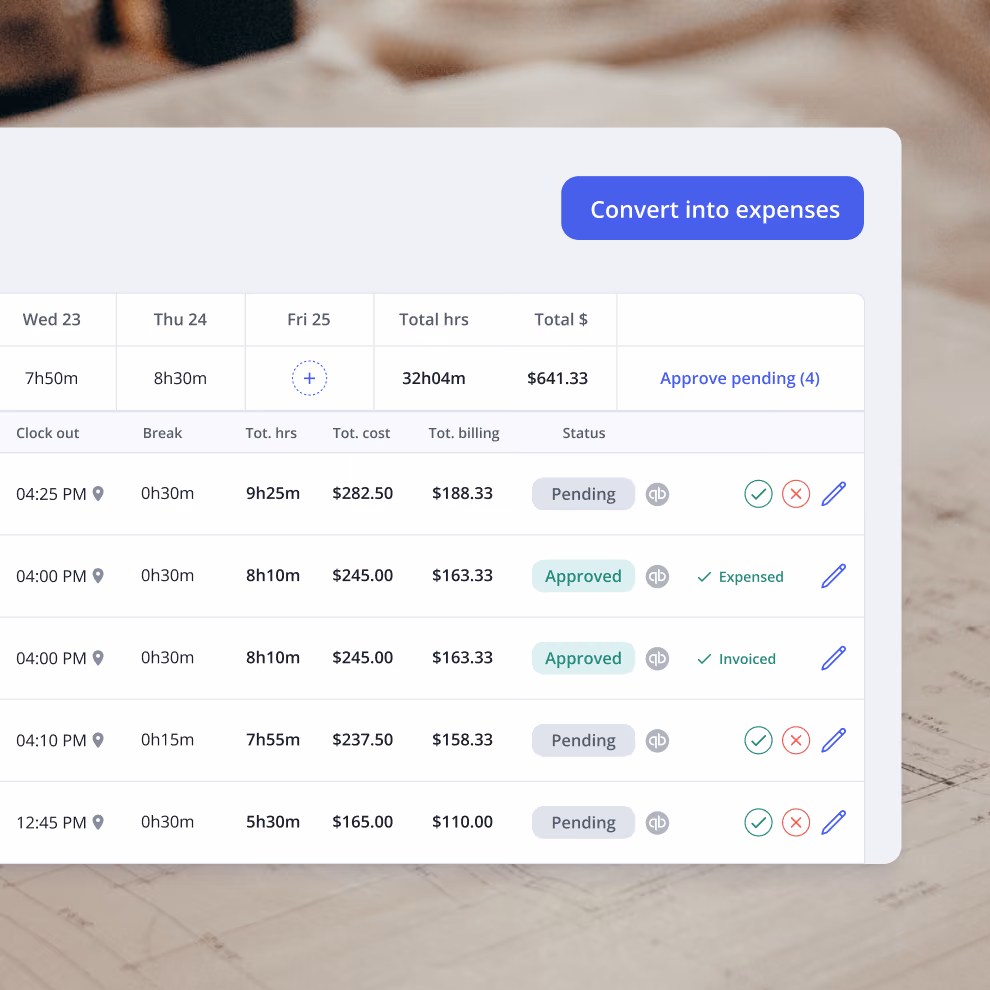 Billdr timesheet entries with hours, cost and billing amounts and a Convert into expenses button