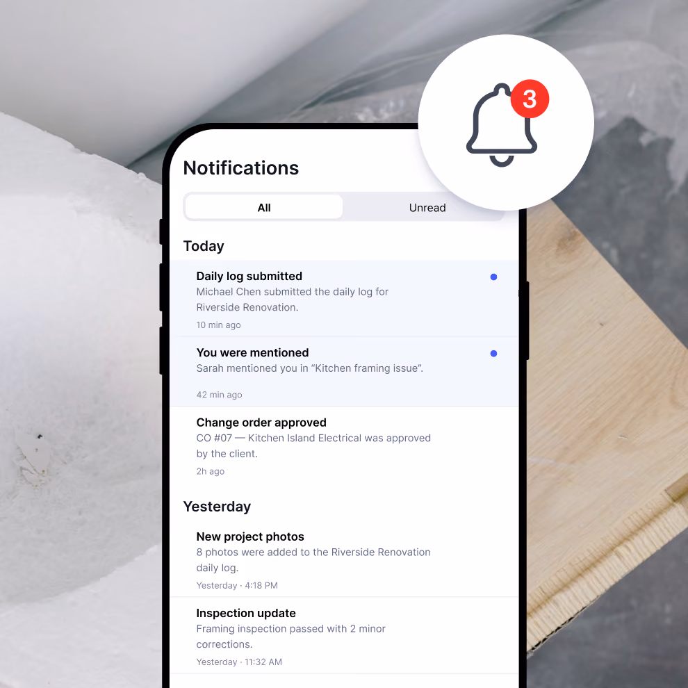 Billdr mobile notifications for daily logs, mentions and approved change orders