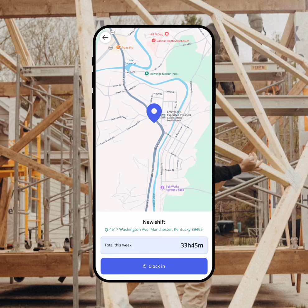 Billdr mobile time clock with jobsite map and shift summary for clocking in