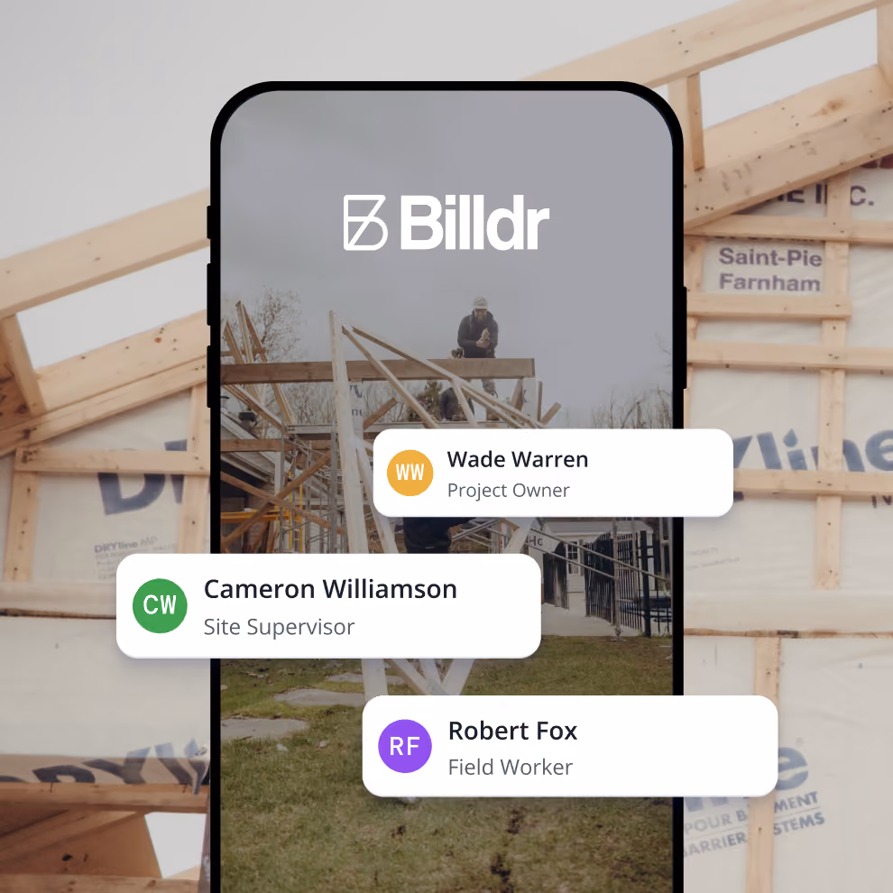 Billdr mobile app on a phone with team member cards for different roles