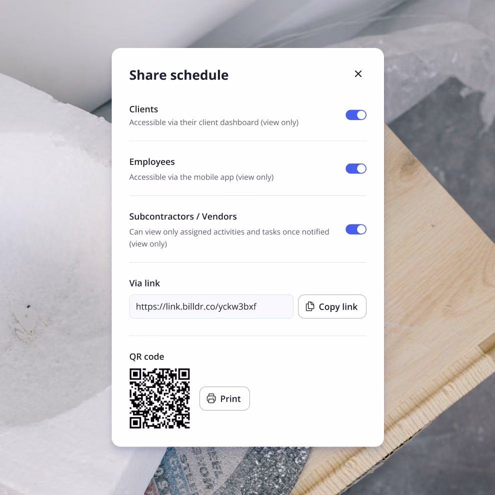 Billdr share schedule settings for clients, employees and subcontractors with a link and QR code