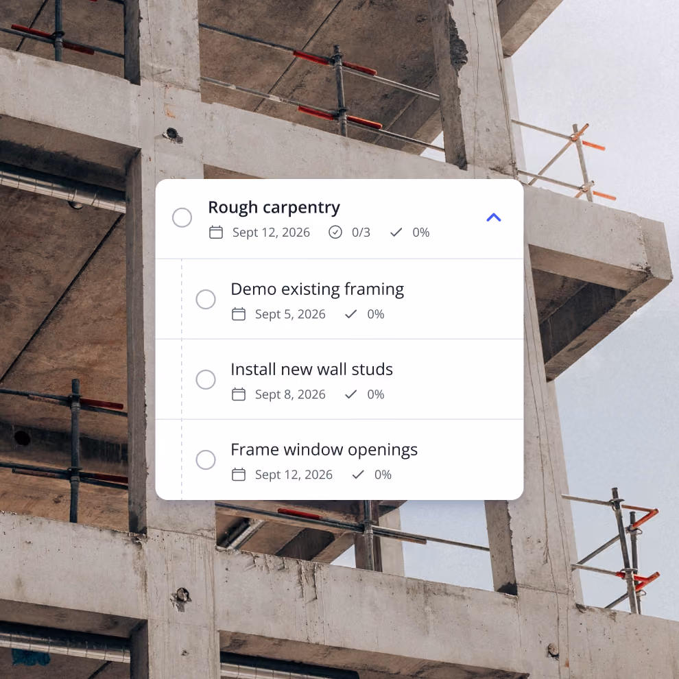 Billdr rough carpentry task list with due dates and progress checkboxes