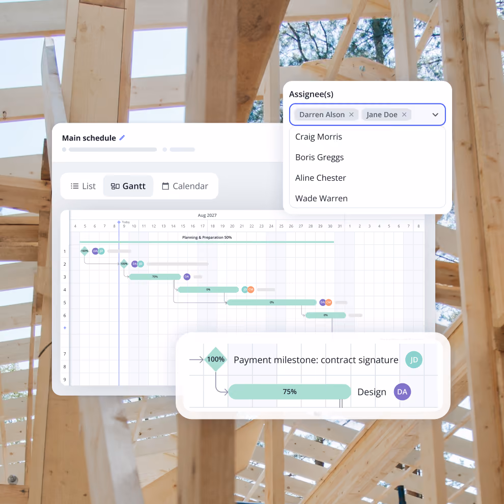 Billdr Gantt schedule with an assignee picker and a payment milestone