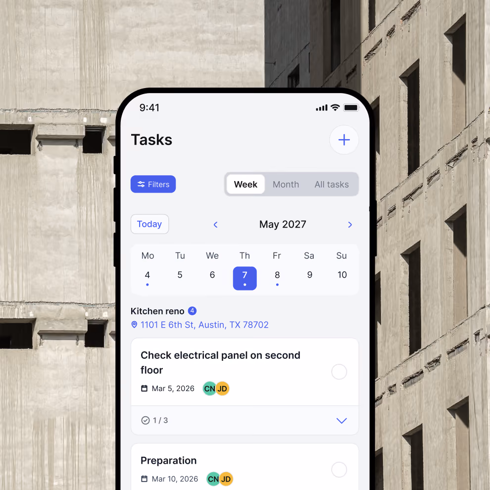 Billdr mobile tasks list with calendar and assigned jobsite tasks