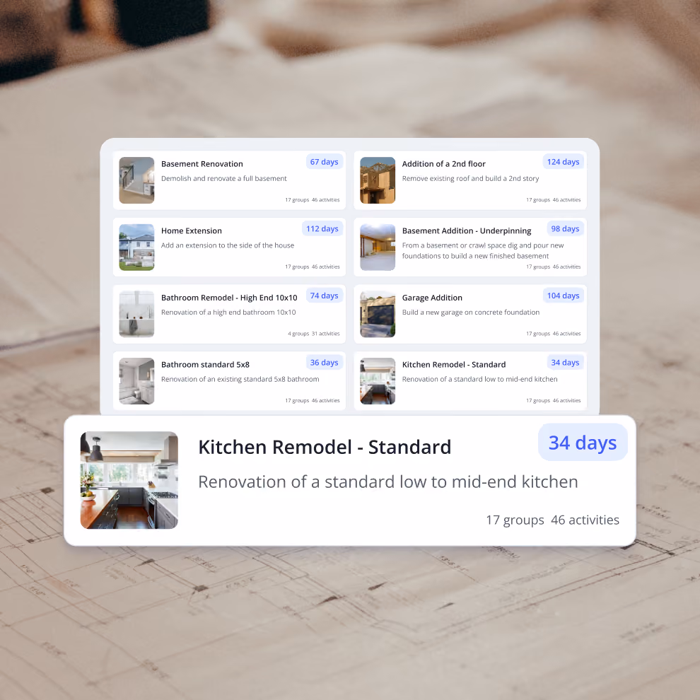 Billdr schedule templates for kitchen, bathroom, basement and home extension projects