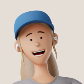 3D animated avatar of a smiling person with long hair wearing a blue cap, gray shirt, and white wireless earbuds.
