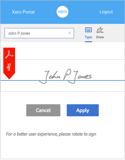 Xero’s eSign sign screen on mobile. Click to enlarge.
