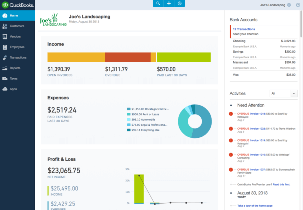QuickBooks Online dashboard 2017