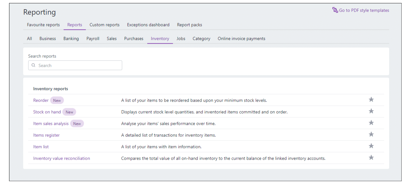 List of inventory reports in Premium Inventory module for MYOB Business