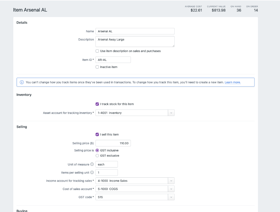Product item page in MYOB Premium Inventory module for MYOB Business.