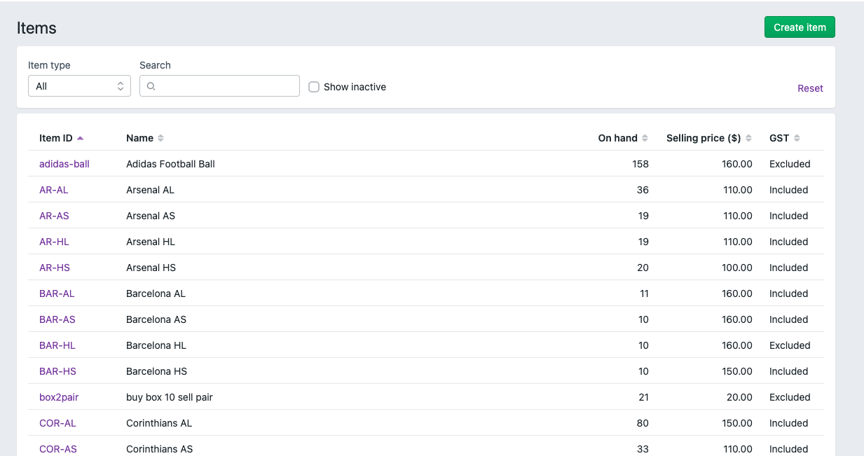 Item list in Premium Inventory module for MYOB Business