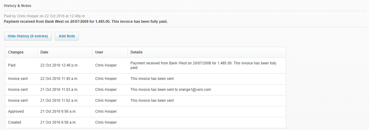 The notes underneath a transaction in Xero provide an audit trail of activity.