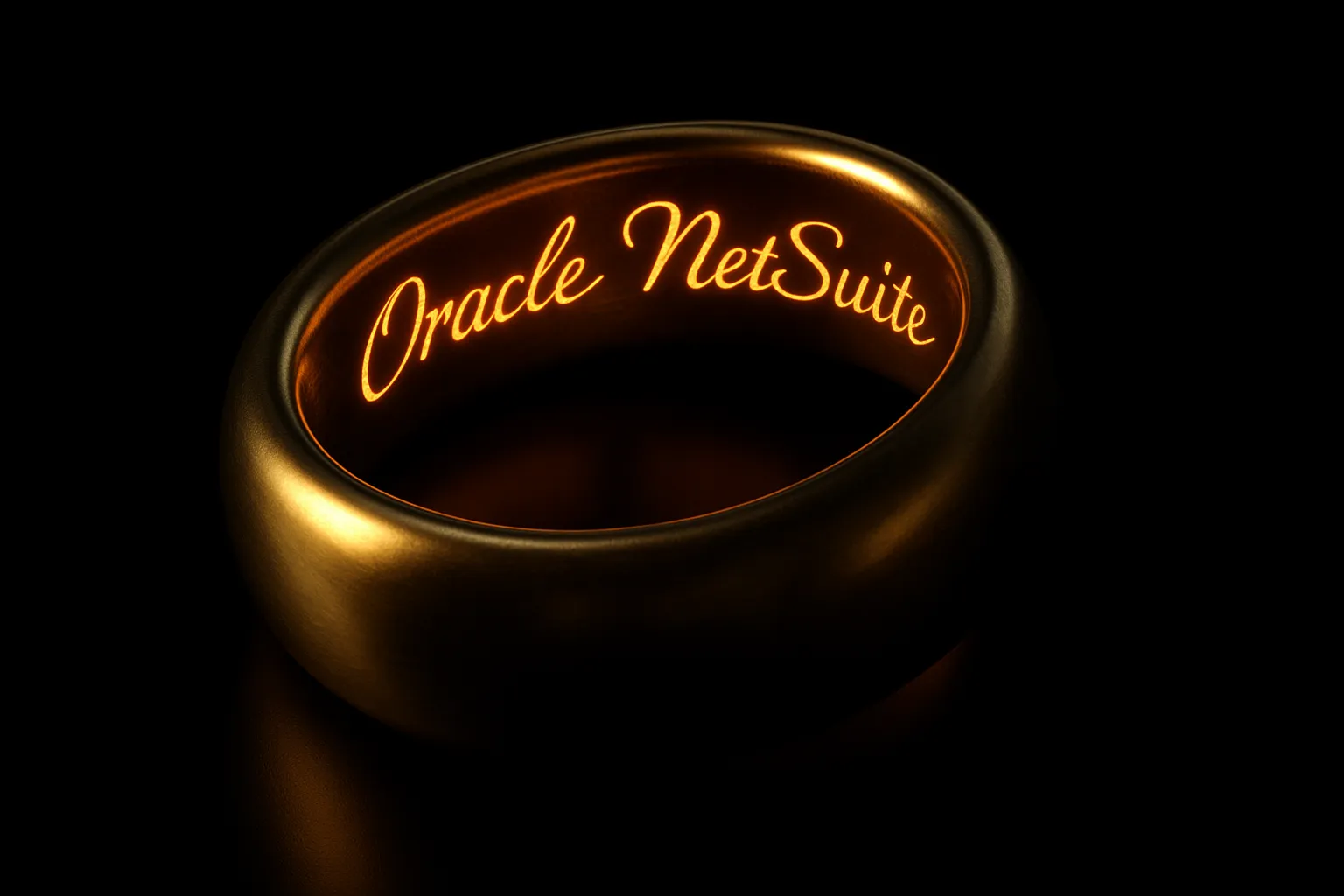 A glowing golden ring sits against a black background, with “Oracle NetSuite” inscribed in fiery cursive script on the inside surface, mimicking the style of the One Ring from The Lord of the Rings.
