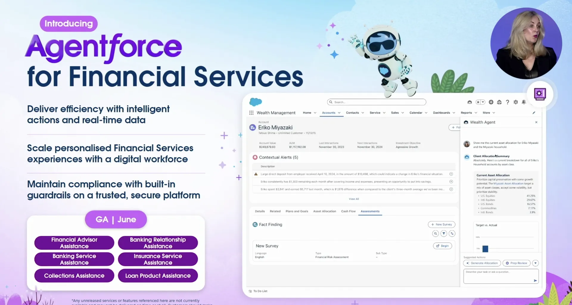 Salesforce introduces Agentforce for Financial Services, showcasing AI-powered digital employees assisting with wealth management tasks in real time.