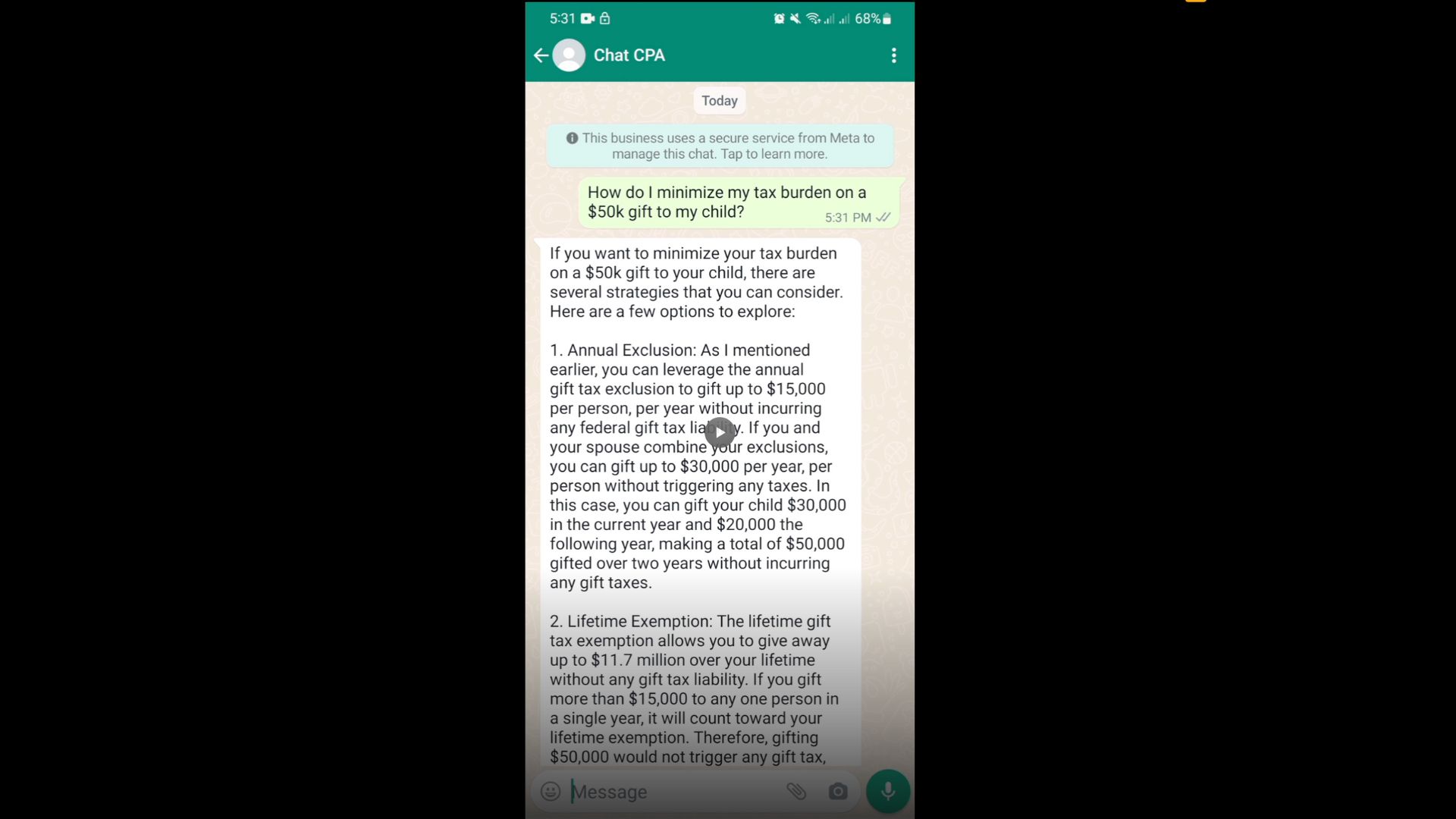 Chat message between the user and Chat CPA, the user is asking Chat CPA how to minimize tax burden