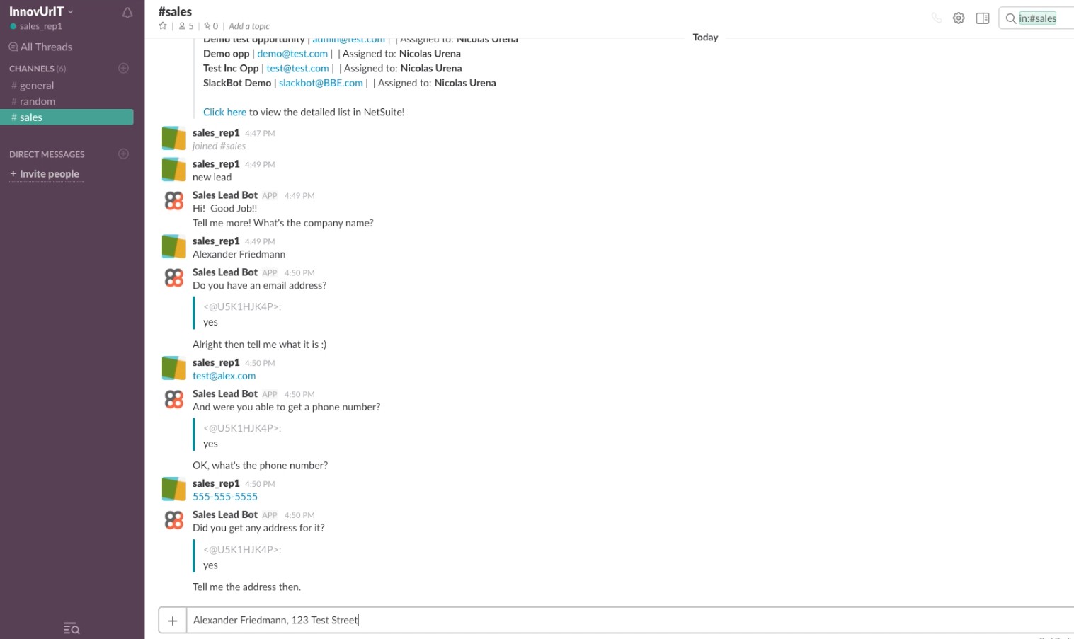 Chat interface illustrating Slack and NetSuite chatbots.