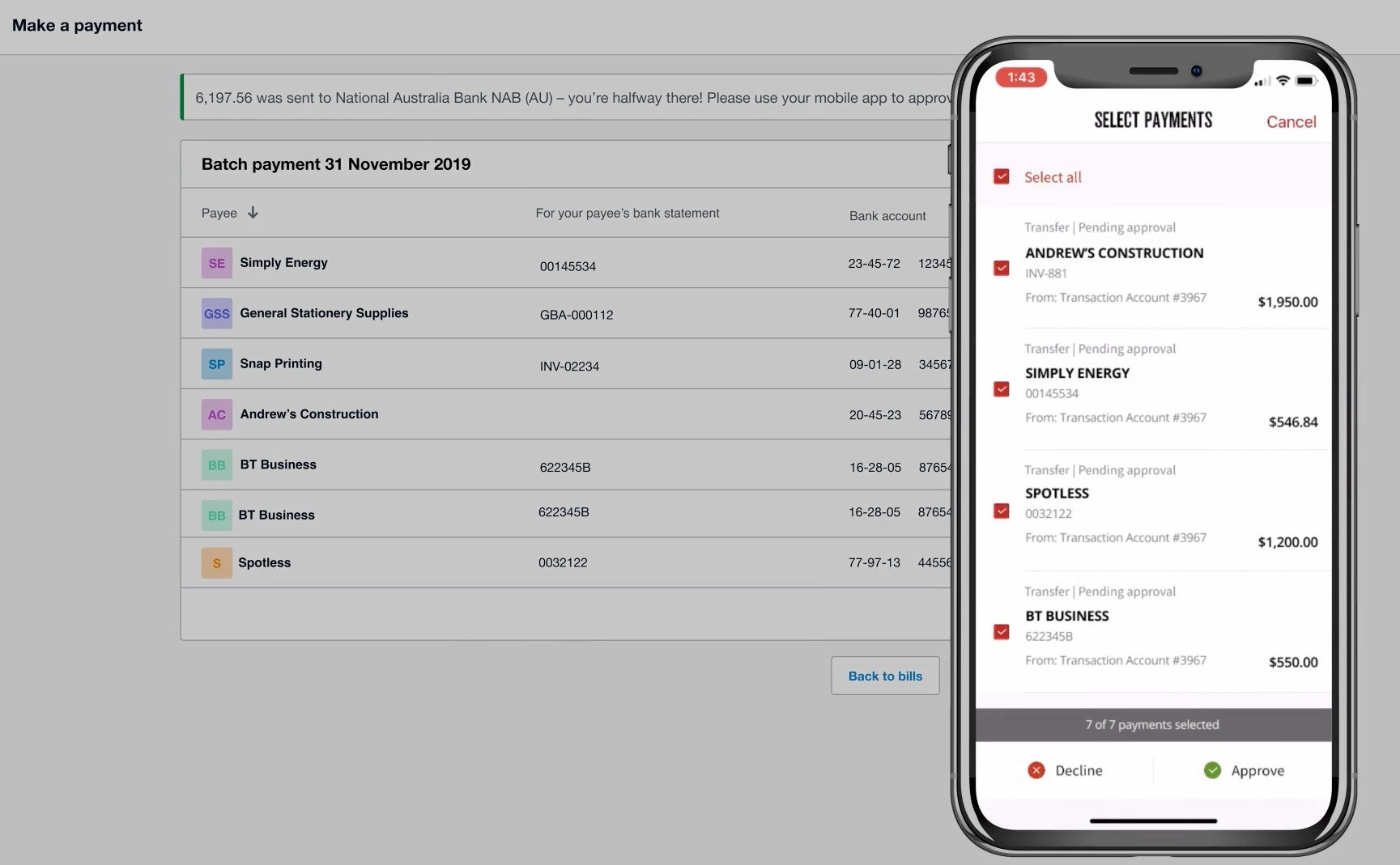 Xero and NAB payments interface screenshot.