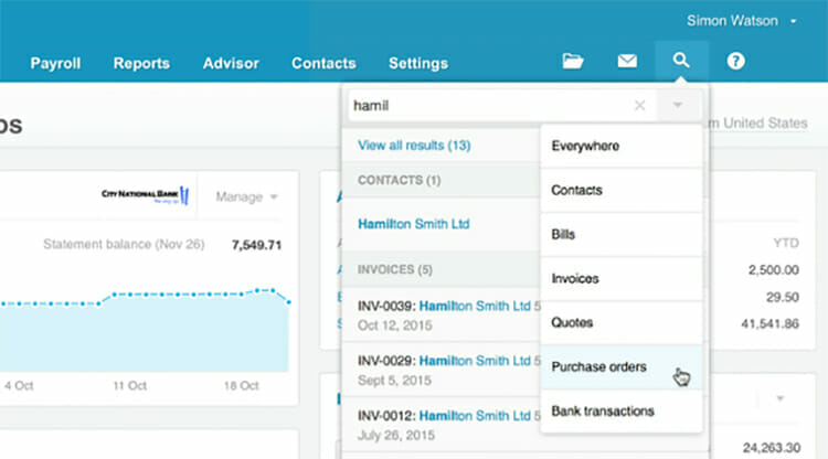 Xero global-search interface.