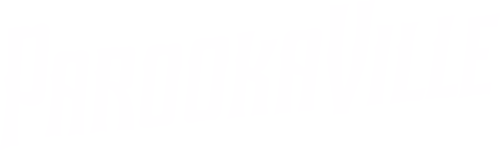 Weißes Parookaville-Logo mit schrägen, stilisierten Buchstaben auf transparentem Hintergrund.