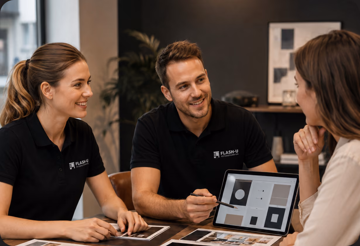 Drei Personen sitzen an einem Tisch und besprechen Designproben. Ein Mann zeigt auf ein Tablet mit Mustern.