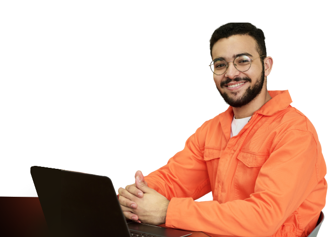 A composite image featuring a smiling female healthcare provider above a man in an orange jumpsuit working on a laptop, highlighting Hometown Health System's correctional care services.