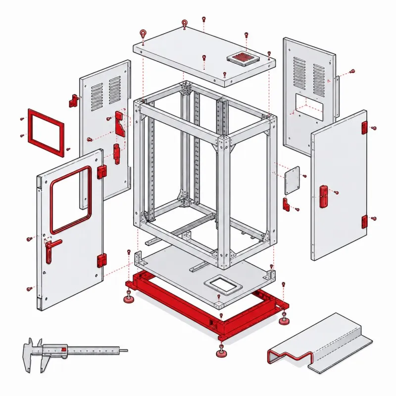 Exploded sheet-metal enclosure illustration showing panels and structural connections