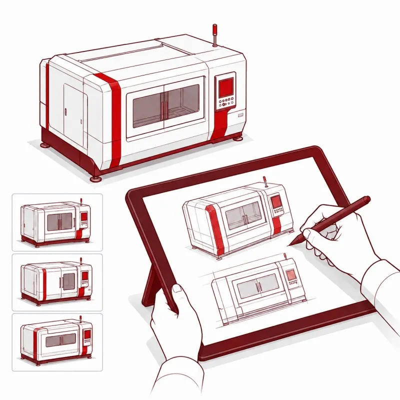 Industrial equipment exterior design sketches and digital drawing