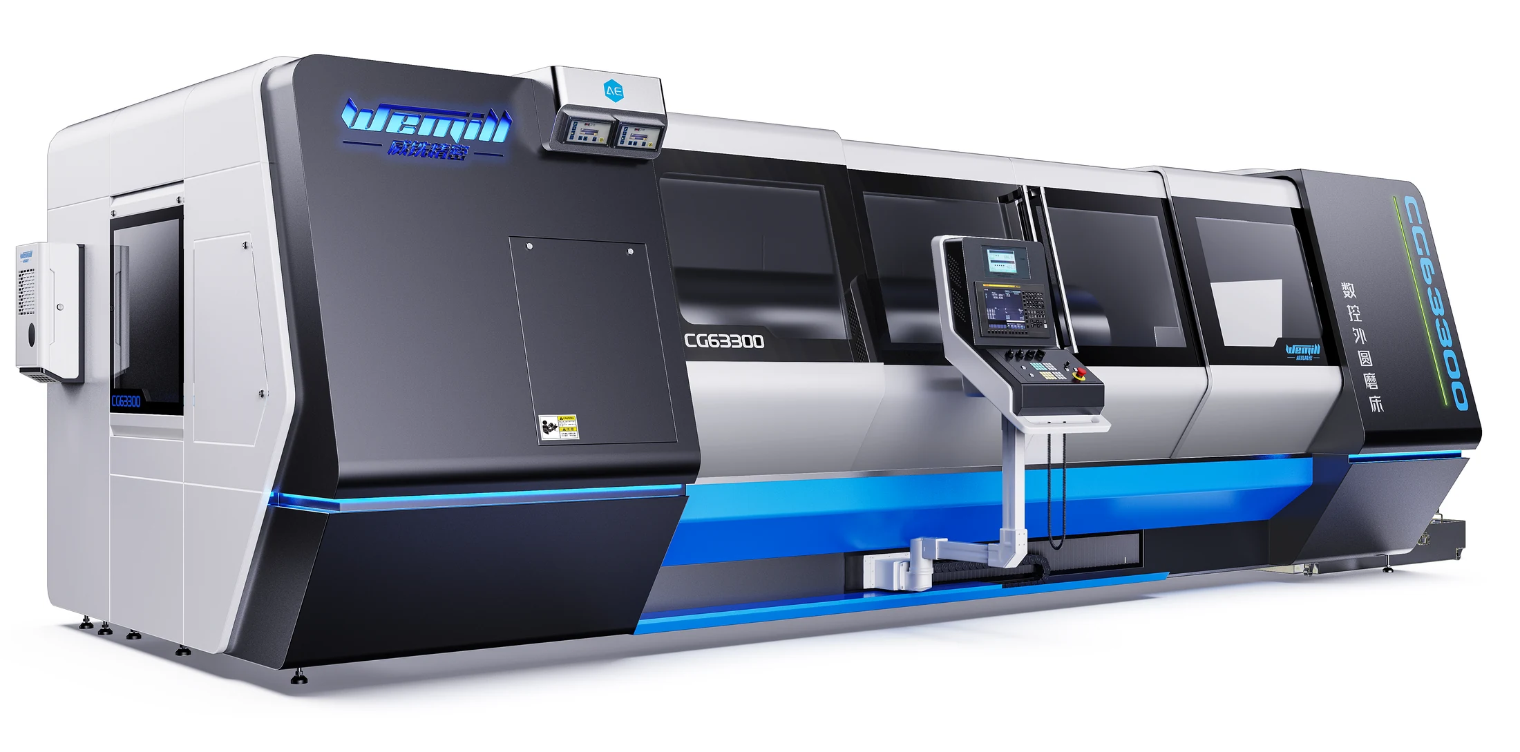 CG63300 CNC cylindrical grinding machine exterior design rendering with a dark enclosure, viewing windows and blue accents.