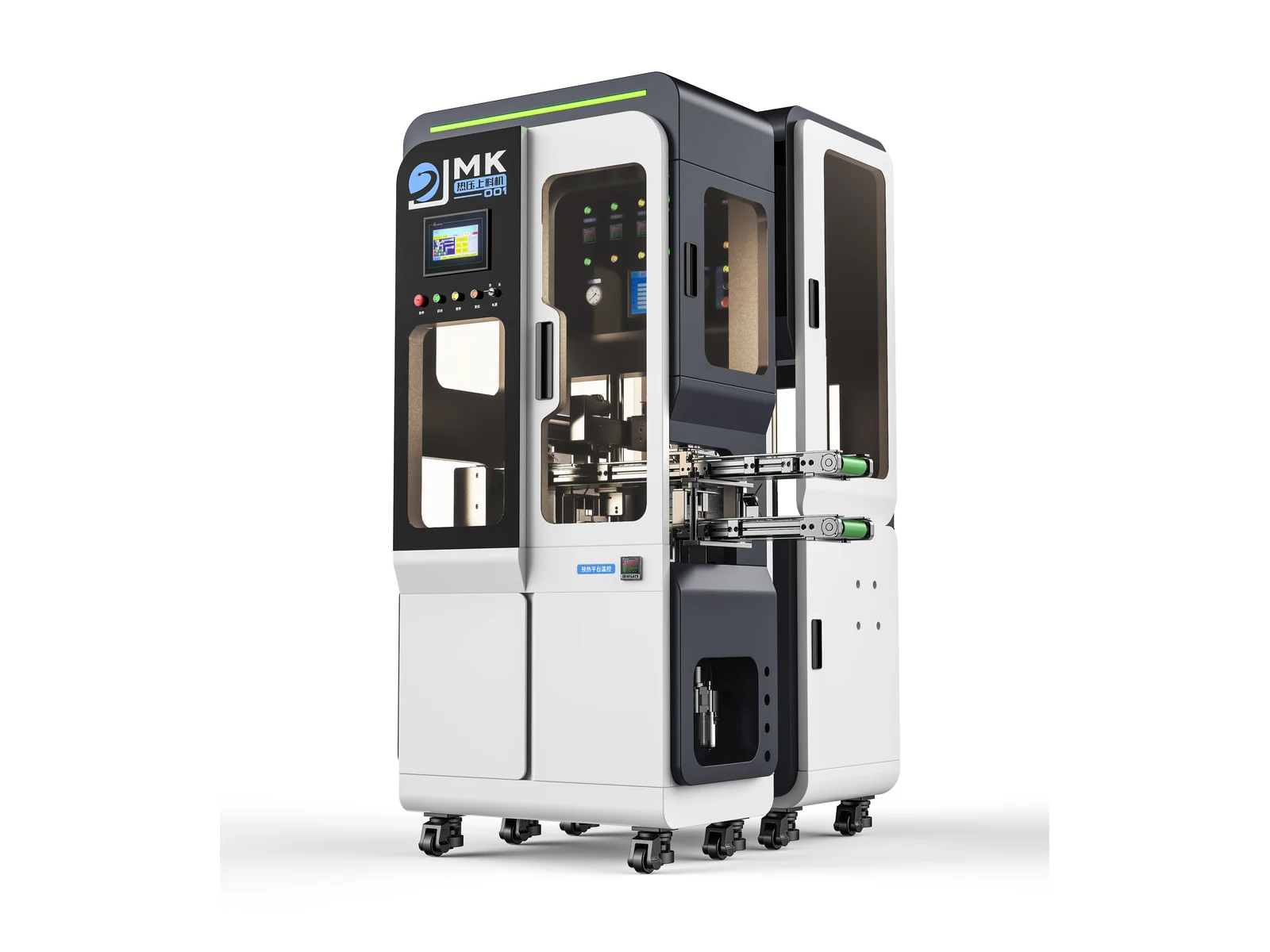 Hot press forming machine design shown from a front three-quarter angle with integrated enclosure and side transfer modules
