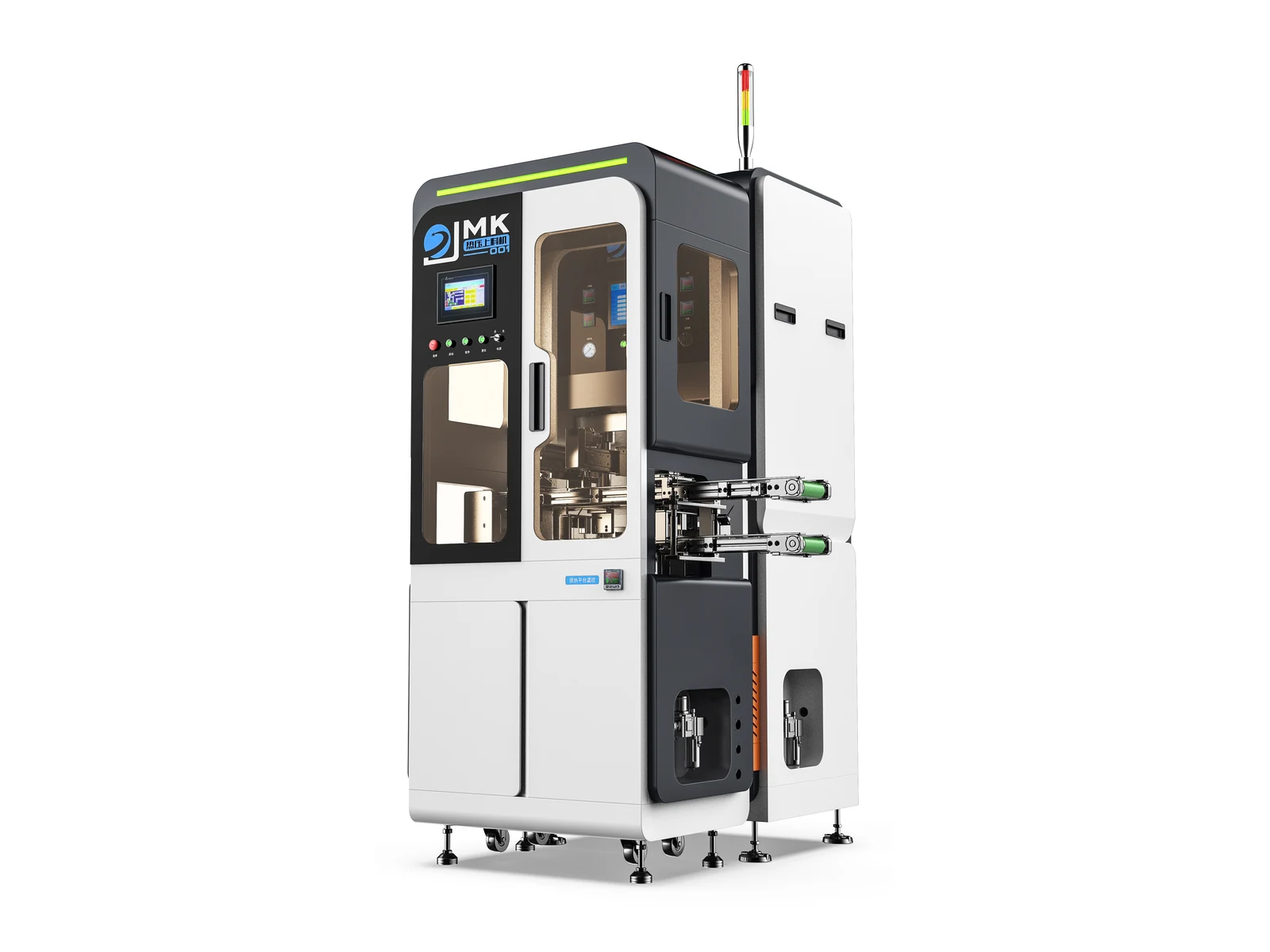 Hot press forming machine after exterior and CMF redesign, with integrated enclosure, front control panel and large viewing windows.