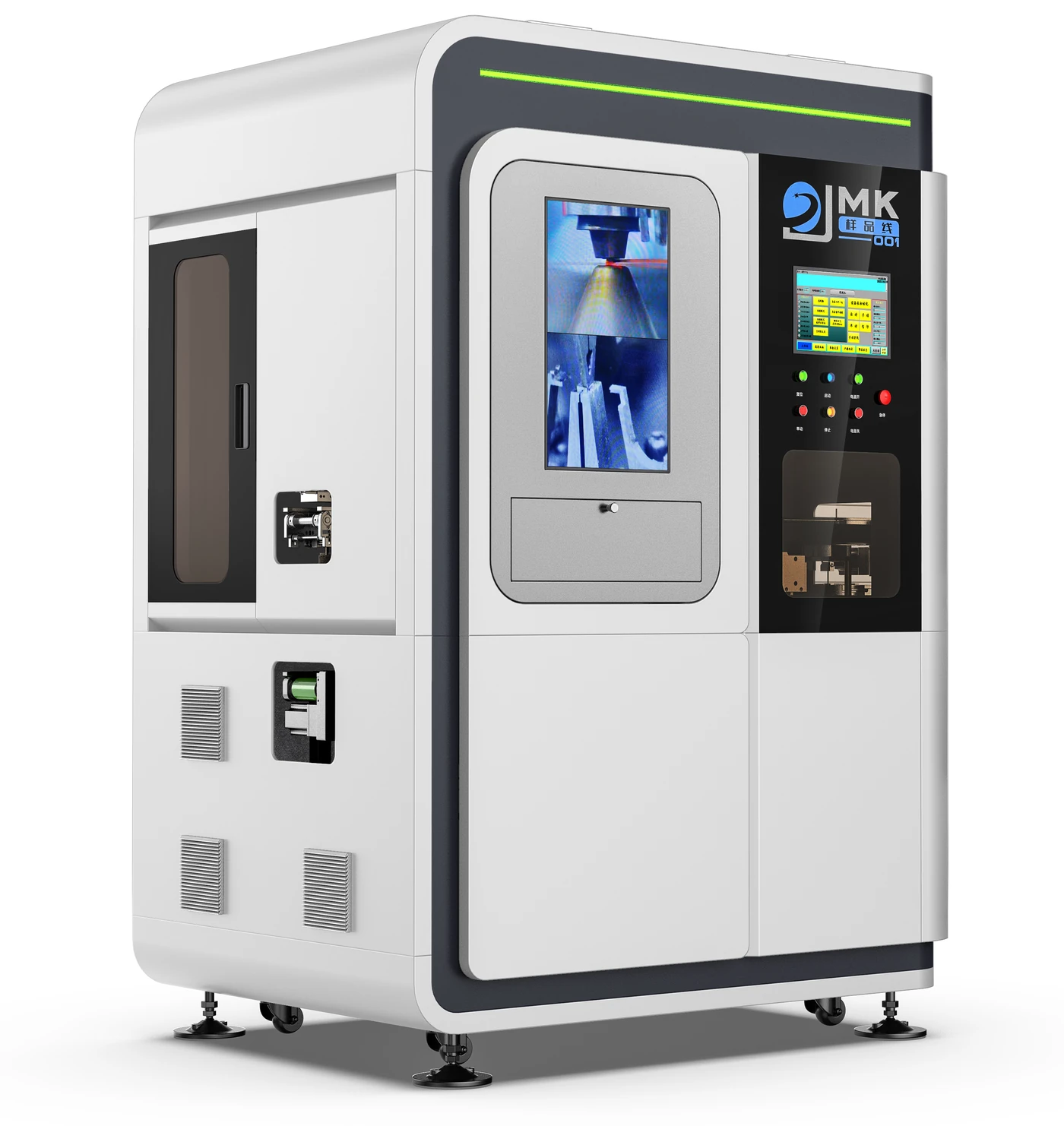 Three-quarter front-left rendering of the redesigned winding machine showing the HMI, observation windows and continuous dark frame.