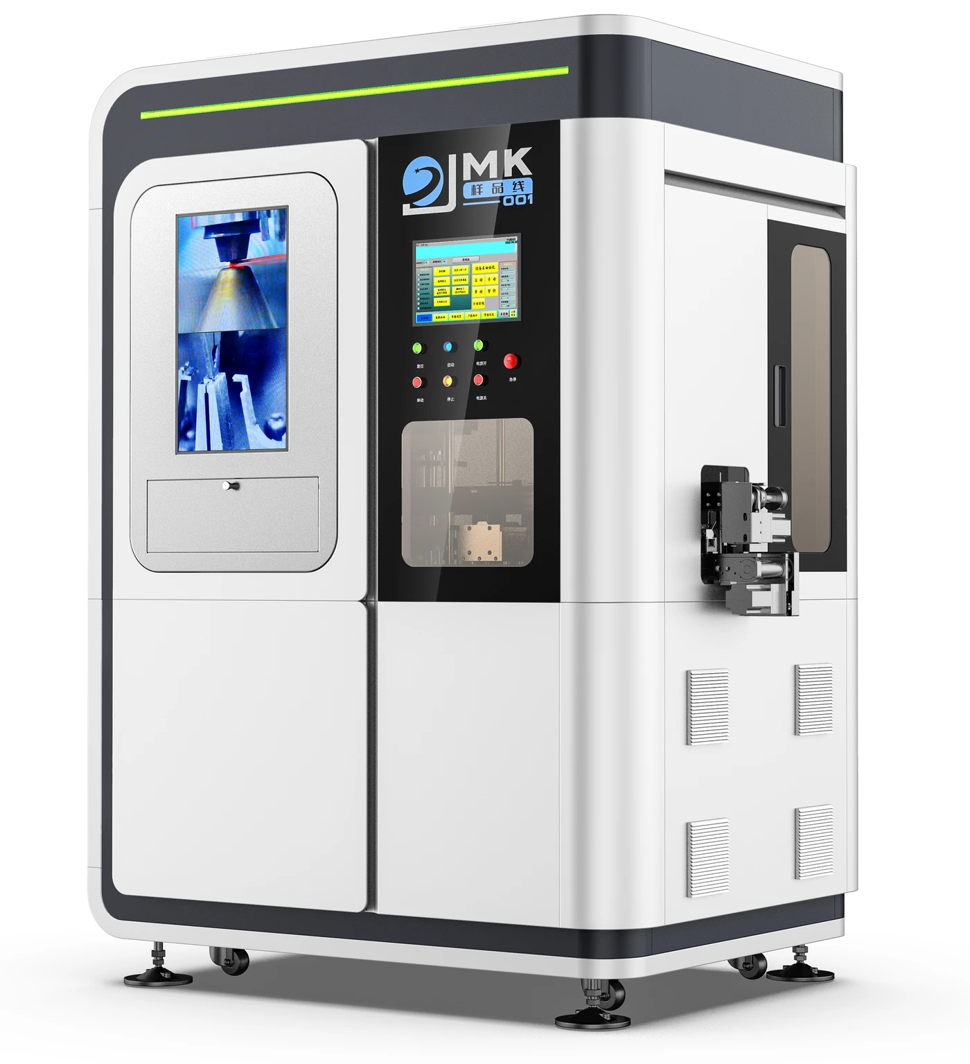 Three-quarter front-right rendering of the redesigned winding machine with integrated white enclosure, dark operating panel and side mechanism.