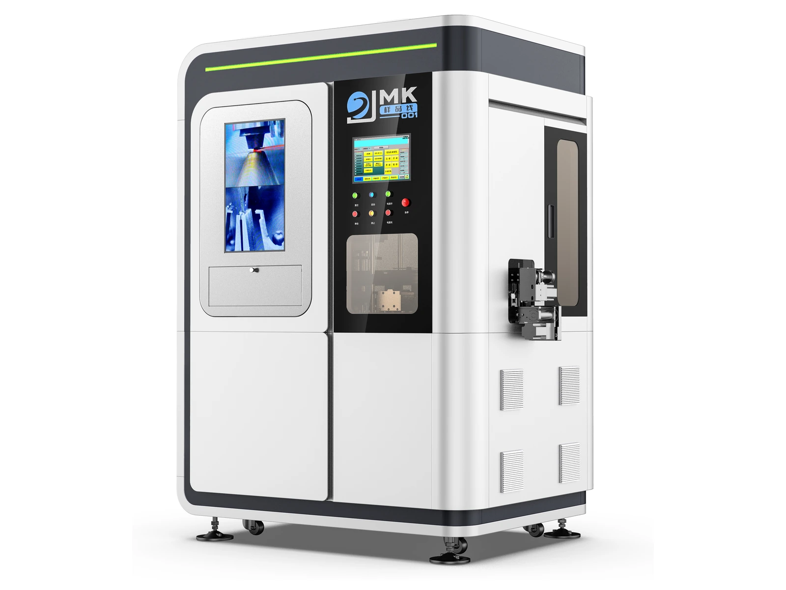 Redesigned winding machine with integrated white enclosure, dark operating panel, observation windows and green upper accent.