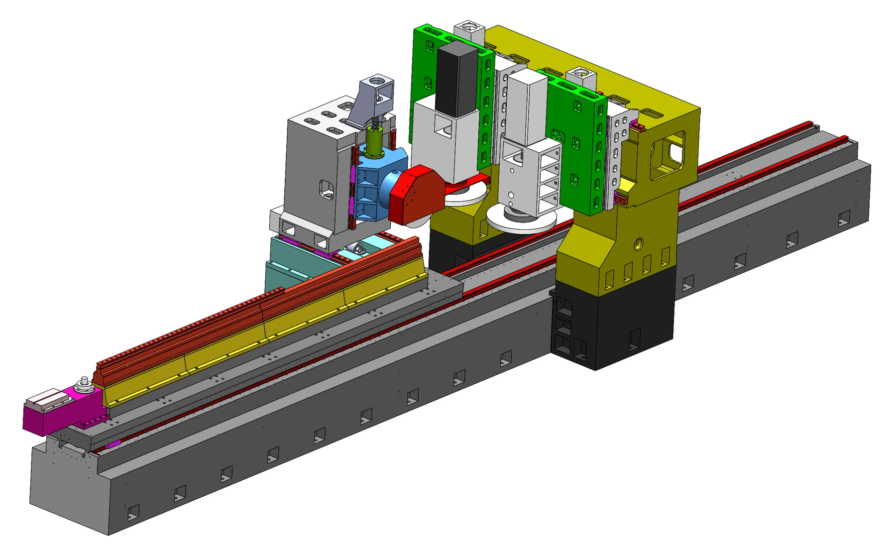 Original three-head linear guide rail grinding machine before redesign, showing the long exposed machine bed and yellow central protective enclosure.