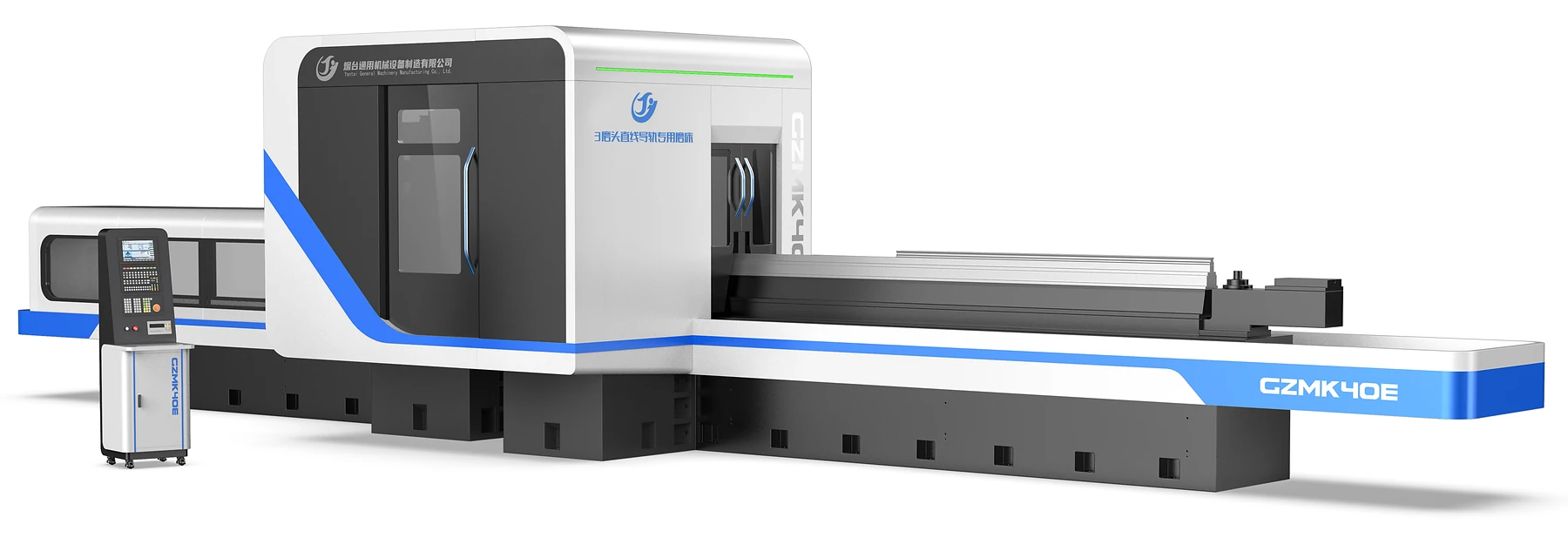 Three-quarter rendering of the redesigned three-head linear guide rail grinding machine with integrated enclosure, dark observation zones and coordinated control console.