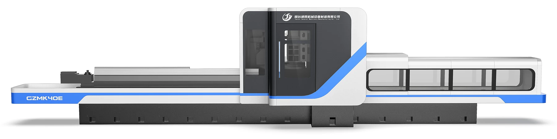 Side view rendering of the redesigned three-head linear guide rail grinding machine, highlighting the long bed, white enclosure and continuous blue identity band.