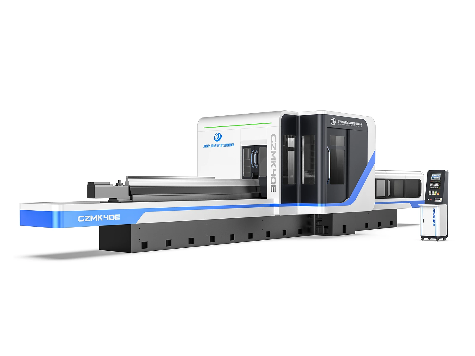 Three-head linear guide rail grinding machine after exterior and CMF redesign, with a white enclosure, dark observation areas, blue identity band and coordinated control console.